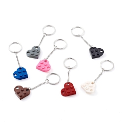 Mixed Color Resin Building Blocks Keychain, with 304 Stainless Steel Split Key Rings, Heart, Stainless Steel Color, Mixed Color, 8.7cm
