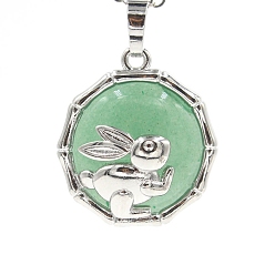 Зеленый Авантюрин Естественный зеленый авантюрин подвески, плоская круглая форма из латуни платинового цвета с подвесками в виде кролика, 25x10 мм