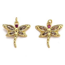 Настоящее золото 18K Латунные микропаве прозрачные подвески с фианитом, долговечный, стрекоза, реальный 18 k позолоченный, 17.5x18.5x2.5 мм, отверстие : 2.4 мм, Перейти кольцо: 4x0.8 мм