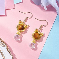 Желтый Серьги-подвески в форме кошки из натурального тигрового глаза и сердолика, с 304 крючками для сережек из нержавеющей стали и стеклянной бусиной, золотые, желтые, 45x14.5 мм