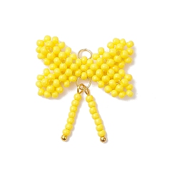 Желтый Подвески-бантики из стеклянных бус, с латунными и 304 нержавеющими соединительными кольцами, желтые, 28x26.5x4.5 мм