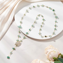 Зеленый Авантюрин Ожерелья из звеньев цепи ручной работы с натуральным зеленым авантюрином, Латунные ожерелья-лариаты с микропаве из прозрачных листьев для женщин, золотые, 29.76 дюйм (75.6 см)