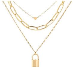 Lock Ожерелья из сплава с подвесками из многослойной цепи для женщин, золотые, запирать, 17.72 дюйм (45 см)