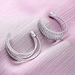 Платина Серьги-гвоздики из латуни в форме тройной буквы С с микропаве из прозрачных кубических цирконий, без свинца и без кадмия, долговечный, стойки покрытие, платина, 32x8 мм