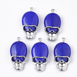 Blue Natural Jade Pendants, with Alloy Findings, Dyed, Skull, Platinum, Blue, 43~44x25x11~12mm, Hole: 7.5x4mm