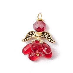 Малиновый Подвески-ангелы из стеклянных бисеров, с крыльями из античного золотого сплава, малиновый, 26.5x17.5x16.5 мм, отверстие : 3.5x2.5 мм