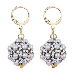 Black Polymer Clay Rhinestone Disco Ball Dangle Leverback Earrings, 304 Stainless Steel Earrings, Black, 38x18mm