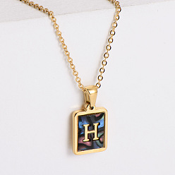 Letter H 304 ожерелья с прямоугольной подвеской из натуральной ракушки пауа из нержавеющей стали для женщин, реальный 18 k позолоченный, Письмо ч, 17.72 дюйм (45 см)