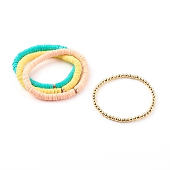 Mixed Color Stretch Beaded Bracelets Sets, with Handmade Polymer Clay Heishi Beads and Brass Round Beads, Golden, Mixed Color, Inner Diameter: 2-1/8 inch(5.3cm), 2-1/8 inch(5.4cm), 4pcs/set