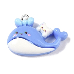 Whale Подвески из непрозрачной смолы на тему океана, Подвески в виде морских животных с железными петлями с платиновым покрытием, кит, 21x29x7.5 мм, отверстие : 2 мм