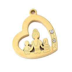 Human 304 из нержавеющей стали с горный хрусталь подвески, ионное покрытие (ip), золотые, сердце, семья, человек, 16x18x2 мм, отверстие : 1.5 мм