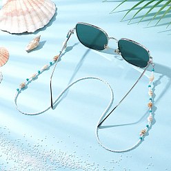 Белый Цепочки для очков из стеклянных бусин, с натуральными бусинами из морских ракушек и резиновыми петлями на концах, белые, 745 мм