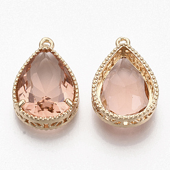 Темный Лосось Граненые подвески стекла, с медными тонированными латунными открытыми спинками, слеза, темный лосось, 23x15.5x6.5 мм, отверстие : 1.5 мм