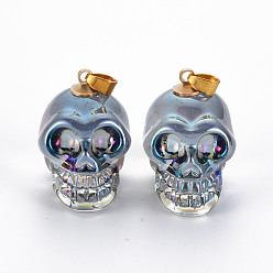 Silver Electroplate K9 Glass Pendants, with Golden Plated Brass Bails, Skull, Halloween, Silver, 25x26~27x19mm, Hole: 5x3mm