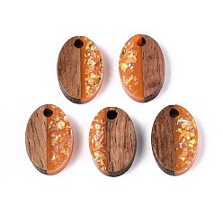 Темно-Оранжевый Подвески из непрозрачной смолы и орехового дерева, овальные амулеты, с блестящей пудрой и золотой фольгой, темно-оранжевый, 15~15.5x10x3~4 мм, отверстие : 1.8~2 мм