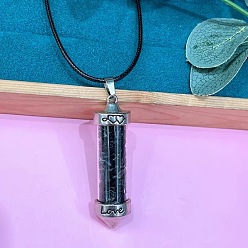 Обсидиан Кулон из цинкового сплава в виде шестиугольной стеклянной бутылки с внутренними кусочками натурального обсидиана, ожерелье из черного шнура из искусственной кожи., платина, 19.69 дюйм (50 см)
