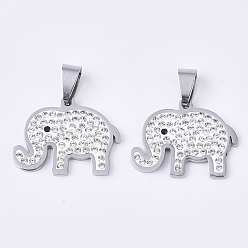 Stainless Steel Color 201 Stainless Steel Pendants, with Random Size Snap On Bails and Polymer Clay Rhinestones, Elephant, Stainless Steel Color, 20x26x2.5mm, Hole: 8~10x3~5mm