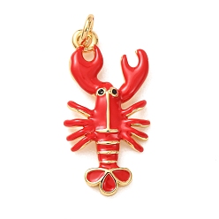 Red Brass with Enamel Pendants, Lobster Charms, Rack Plating, Long-Lasting Plated, Lead Free & Cadmium Free, Real 18K Gold Plated, Red, 27x13.5x3mm, Hole: 3mm