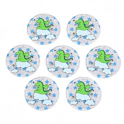 Lime Green Transparent Printed Acrylic Pendants, with Glitter Powder, Flat Round with Dinosaur, Lime Green, 37.5x2mm, Hole: 1.5mm