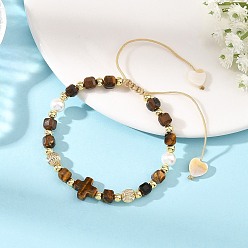 Tiger Eye Natural Tiger Eye Faceted Cube Braided Bead Bracelets, Religion Cross Adjustable Bracelets, Golden, Inner Diameter: 1.97 inch(5cm)~3.35 inch(8.5cm)