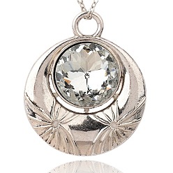 Antique Silver Alloy Glass Big Pendants, Faceted, Flat Round, Antique Silver, Clear, 69x58x13mm, Hole: 9mm