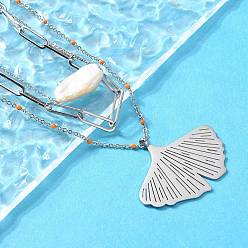 Нержавеющая Сталь Цвет 304 кулон в виде листа из нержавеющей стали, натурального жемчуга и эмали 3 многослойные ожерелья для женщин, цвет нержавеющей стали, 15.28 дюйм (38.8 см)