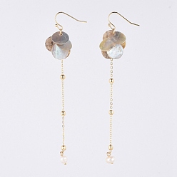 Real 18K Gold Plated Dangle Earrings, with Natural Freshwater Pearl, Akoya Shell, Brass Earring Findings and Cable Chains, Real 18K Gold Plated, 100mm, Pin: 0.7mm