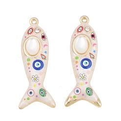 Golden Printed Alloy Enamel Pendants, Fish with Evil Eye Pattern Charms, with Rhinestone and Resin Imitation Cat Eye, Cadmium Free & Nickel Free & Lead Free, Rack Plating, Golden, 43.5x16.5x6.5mm, Hole: 1.6mm