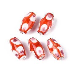 Orange Handmade Porcelain Beads, Hand Painted Ceramic Beads, Oval with Abstract Pattern, Famille Rose Porcelain, Orange, 16~17x8~10mm, Hole: 1.6~2.5mm