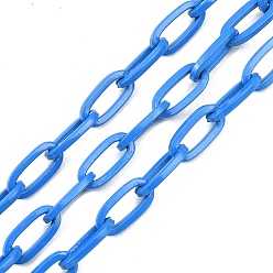 Deep Sky Blue Eco-friendly Spray Painted Handmade Brass Paperclip Chains, Flat Oval, Soldered, with Spool, Deep Sky Blue, 12.5x6.5x1.5mm, 32.8 feet(10m)/roll
