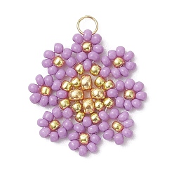 Лиловый Подвески-цветы из стеклянных бус, с 304 нержавеющей стали, реальный 18 k позолоченный, сирень, 22~23x22~23x3 мм, Перейти кольцо: 4x0.5 мм, отверстие : 3 мм