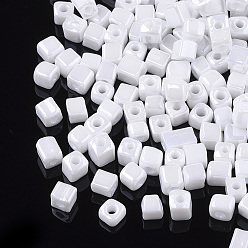 White 6/0 Glass Seed Beads, Opaque Colours Lustered, Round Hole, Cube, White, 3~7x3.5x3.5mm, Hole: 1.2mm, about 4500pcs/bag