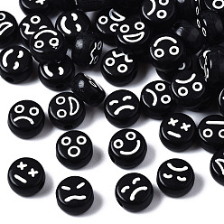 Black Opaque Black Acrylic Beads, Flat Round with Mixed Expression, Black, 7x3.5mm, Hole: 1.6mm, about 3600~3700pcs/500g