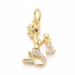 Claro Latón chapado latón micro pavimentar cúbicos zirconia colgantes, larga duración plateado, sin plomo y cadmio, con anillo de salto, sirena con lámpara, dorado, Claro, 19x11x2 mm, anillo de salto: 6x1 mm, 4 mm de diámetro interior