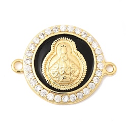 Черный Латунные микропаве из прозрачных кубических цирконий с эмалью, религиозные соединительные подвески., плоская круглая с необработанными звеньями, долговечный, без кадмия и без свинца, стойки покрытие, реальный 18 k позолоченный, чёрные, 17.5x23x3.5 мм, отверстие : 1.6 мм