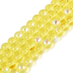 Желтый Прозрачные стеклянные бусины гальваническим пряди, круглые, с покрытием цвета радуги, с половиным покрытием, желтые, 6~6.5 мм, отверстие : 0.8~1 мм, около 67~72 шт / нитка, 14.57~15.35 дюйм (37~39 см)
