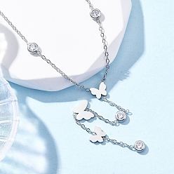 Нержавеющая Сталь Цвет 304 ожерелья-лариаты из нержавеющей стали с кристаллами и стразами в виде бабочек, цвет нержавеющей стали, 16.34 дюйм (41.5 см) в длину + 55 удлинитель мм