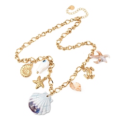 Настоящее золото 18K 304 Женские подвески в виде морских звезд, фарфоровых рыб, смолы и натуральных ракушек из нержавеющей стали, ионное покрытие (ip), реальный 18 k позолоченный, 15.87 дюйм (40.3 см)