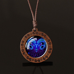 Овен Плоский круглый с двенадцатью созвездиями подвеска из синего стекла и дерева ожерелье из вощеной кожи шнур для женщин и мужчин, Овен, 16.93~33.86 дюйм (43~86 см)