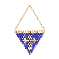 Blue Handmade Japanese Seed Beads Pendants, Triangle with Cross Charms, Blue, 37~38x23x2mm, Hole: 17x20mm