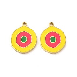 Желтый 304 подвески из нержавеющей стали, с эмалью, плоский круглый шарм, реальный 14 k позолоченный, желтые, 17x13x1.4 мм, отверстие : 1.4 мм