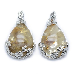 Стеклянный Камень Арбуза Tigerskin стеклянными подвесками, со сплавочной фурнитурой, слеза, платина, 40.5x28.5x10 мм, отверстие : 4.5x8 мм