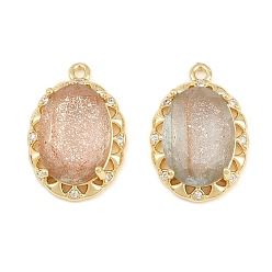 Dark Salmon Brass Glass Pendants, Oval Charms, Faceted, with Glitter Powder, Golden, Dark Salmon, 20x14x5.5mm, Hole: 1.4mm