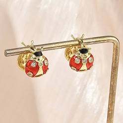 Красный Серьги-кольца из латуни с микропаве из кубического циркония, с эмалью, божья коровка, без свинца и без кадмия, стойки покрытие, долговечный, красные, 14x11x15.5 мм