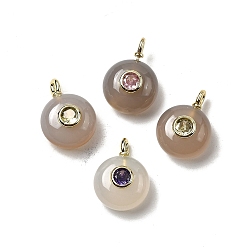 Серый агат Плоские круглые подвески из натурального серого агата, подвески из горного хрусталя с латунной микропаве кубическими цирконами, золотые, 17x12x7.5 мм, отверстие : 2x1 мм