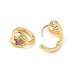 Mixed Color Cubic Zirconia Heart with Star Hoop Earrings, Real 18K Gold Plated Brass Jewelry for Women, Cadmium Free & Nickel Free & Lead Free, Mixed Color, 13x13x10.5mm, Pin: 1mm