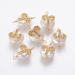Aries Natural Pearl Links connectors, with Brass Micro Pave Cubic Zirconia Findings, Flat Round with Constellation, Golden, Colorful, Aries, 20~26x9~17x5~11mm, Hole: 1.6mm