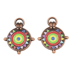 Red Copper Tibetan Style Alloy Pendants, Flat Round with Sun Charms, Colorful, Red Copper, 29x23.5x2.5mm, Hole: 5.5x3mm