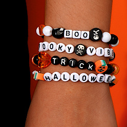 (52) Непрозрачная лаванда 4шт. жуткие браслеты на Хэллоуин из акрила и стеклянных бусин, эластичные, Украшения с подвесками в виде тыквы и привидения, унисекс., разноцветные, 6.89 дюйм (17.5 см)