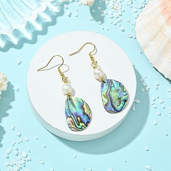 Oro Paua naturales pendientes colgantes shell, Pendientes colgantes de acero inoxidable para mujer con cuentas de perlas cultivadas naturales de agua dulce y 304 cuentas de perlas cultivadas naturales de agua dulce y 55x20~21 pendientes colgantes de acero inoxidable., dorado, {1} mm